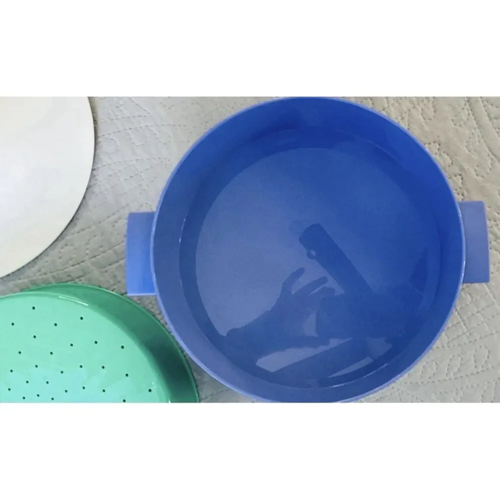 Vtg Tupperware Microwave Steamer Set Blue Green 3pc Veggie Cooker Strainer Lid